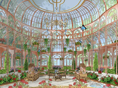 Glass Greenhouse Garden With Dome Ceiling Arched Windows Lush Plants And Elegant Chandelier 3d model