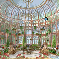 Glass Greenhouse Garden With Dome Ceiling Arched Windows Lush Plants And Elegant Chandelier