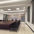Modern Conference Room Setup With Long Table Black Chairs Large Screen Windows And Ceiling Lights 3d model