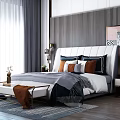 Modern Bedroom Interior Background Double Bed With White Headboard Pillows And Striped Accent Wall