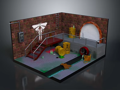 Industrial Brick Walled Room With Metal Staircase Yellow Barrels And Round Archway 3d model