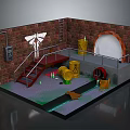 Industrial Brick Walled Room With Metal Staircase Yellow Barrels And Round Archway