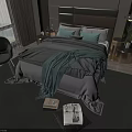 Modern Double Bed With Upholstered Headboard Gray Bedding Teal Pillows Accent Chair And Soft Rug