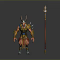 Mythical Horned Character And Red Skin Creature With Decorative Golden Armor Red Spear