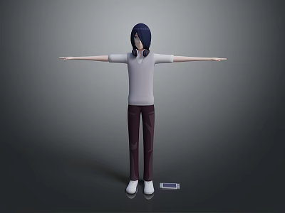 Man with arms outstretched wearing white T shirt dark pants white shoes smartphone beside feet 3d model