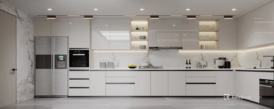 Modern Kitchen Interior Design With White Cabinets Marble Countertop And Built in Appliances 3d model 