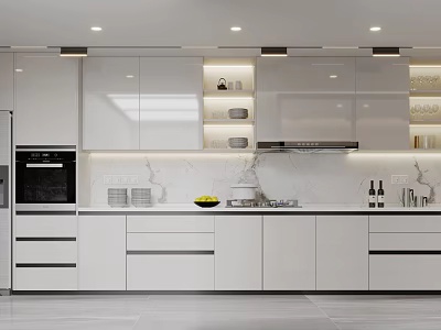 Modern Kitchen Interior Design With White Cabinets Marble Countertop And Built in Appliances 3d model