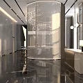 Elegant Modern Hotel Lobby Interior With Chandelier Bar Counter Metal Screen And Feather Decoration