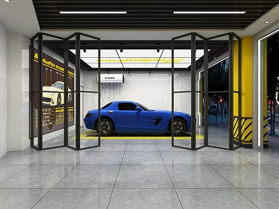 Modern Sports Car Dealership Showcasing Blue Sports Car In Glass Door Showroom Area 3d model