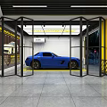 Modern Sports Car Dealership Showcasing Blue Sports Car In Glass Door Showroom Area
