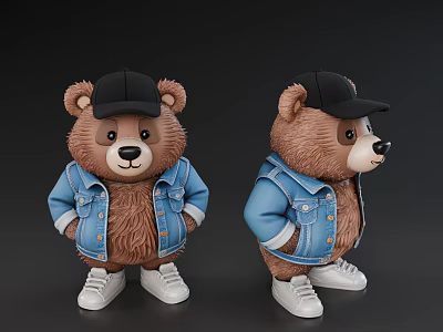 Two Brown Teddy Bears Wearing Black Caps Blue Denim Jackets White Sneakers Front Side Views 3d model