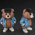 Two Brown Teddy Bears Wearing Black Caps Blue Denim Jackets White Sneakers Front Side Views