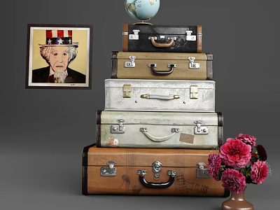 Stacked Vintage Suitcases With Globe On Top Painting And Pink Flowers 3d model