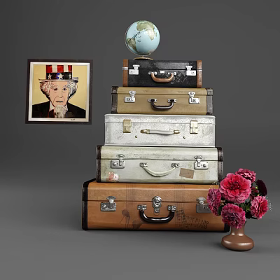 Stacked Vintage Suitcases With Globe On Top Painting And Pink Flowers 3d model