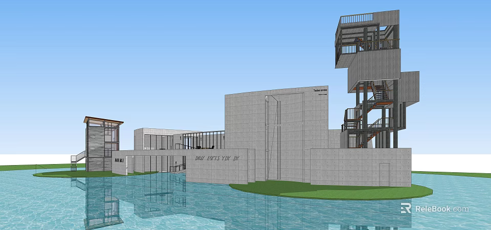 Modern Architectural Building Exterior With Pool Terrace And Staircase Design 3d model