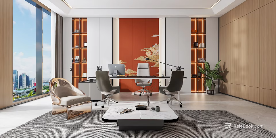 Modern Office Interior With Red Accent Wall Floral Design Desk Chairs Bookshelves And Plants 3d model 