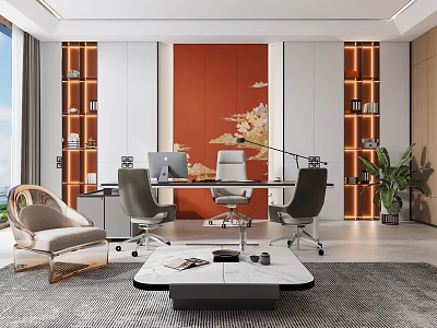 Modern Office Interior With Red Accent Wall Floral Design Desk Chairs Bookshelves And Plants 3d model