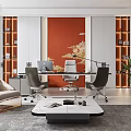Modern Office Interior With Red Accent Wall Floral Design Desk Chairs Bookshelves And Plants