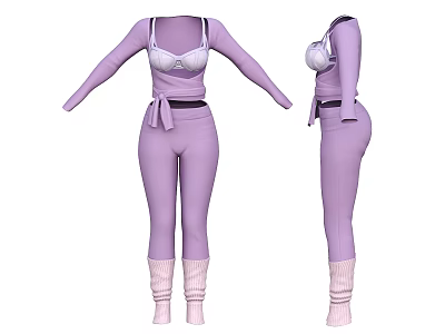 Purple Long Sleeve Outfit With High Waist Belt Tight Pants And Matching Socks 3d model