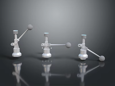 Three Silver Mechanical Devices With Spherical Ends On Black Reflective Surface 3d model
