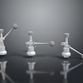 Three Silver Mechanical Devices With Spherical Ends On Black Reflective Surface 3d model