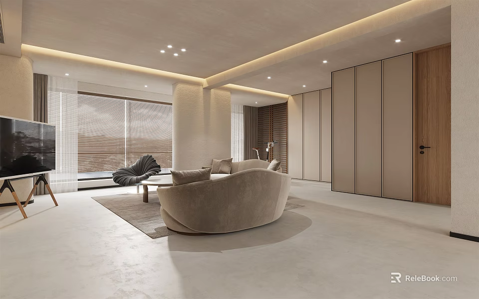 Modern Living Room With Beige Curved Sofa Floor To Ceiling Windows And Wooden Elements 3d model 