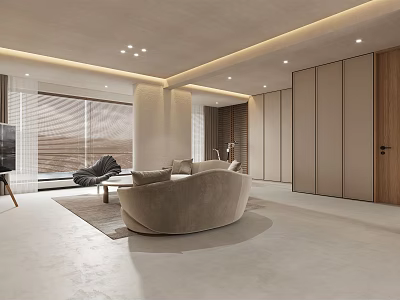 Modern Living Room With Beige Curved Sofa Floor To Ceiling Windows And Wooden Elements 3d model