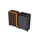 Gray and Brown Suitcase with Monogram Pattern Gold Red Accents and Wheels Design