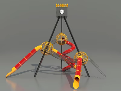 Fun Outdoor Playground Equipment With Red Yellow Slides Climbing Net And Tower Structure For Kids 3d model
