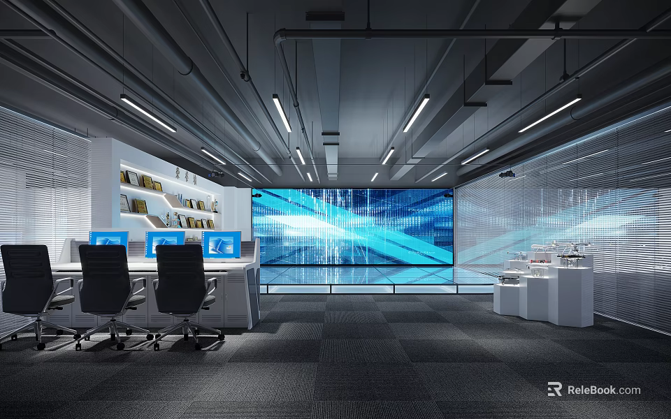 Modern Office Monitoring Room Interior With Large Screen Computers Chairs And Bookshelves 3d model 