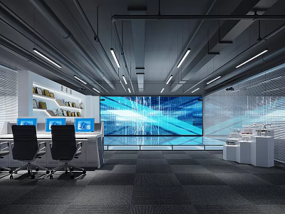 Modern Office Monitoring Room Interior With Large Screen Computers Chairs And Bookshelves 3d model