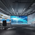 Modern Office Monitoring Room Interior With Large Screen Computers Chairs And Bookshelves