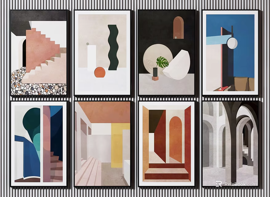 Modern Abstract Wall Art Collection With Geometric Shapes And Architectural Elements 3d model