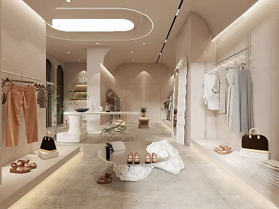 Modern Minimalist Clothing Store Interior Featuring Curved Design Clothes Shoes And Bags 3d model