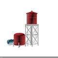 Industrial Equipment Featuring Red Water Towers Metal Frame Supports Red Storage Tanks And Blue Containers 3d model