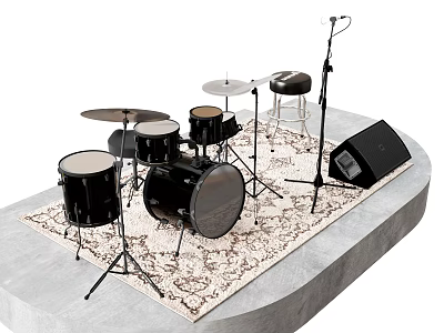 Drum Set With Cymbals Stool Microphone And Speaker On Decorative Rug 3d model