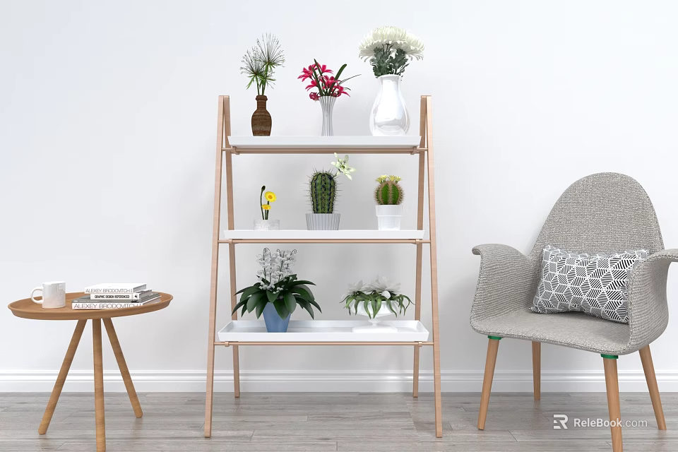 Wooden Multi Tiered Shelf With Vases Flowers And Green Plants On White Wall 3d model 