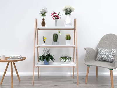 Wooden Multi Tiered Shelf With Vases Flowers And Green Plants On White Wall 3d model