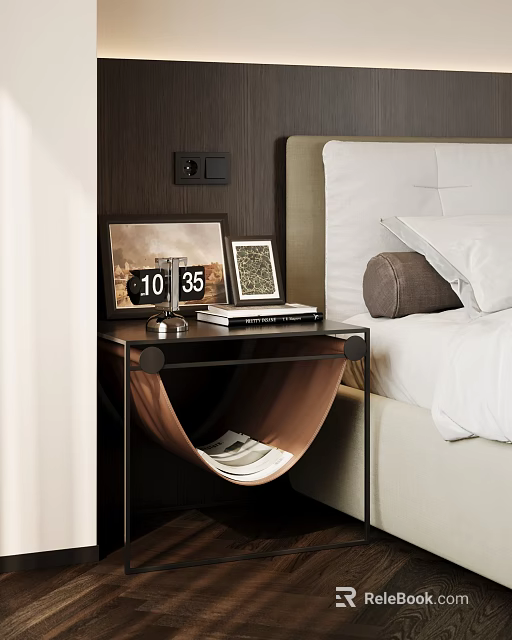Modern Bedside Table Design With Clock Photo Frame Books And Magazine Storage 3d model