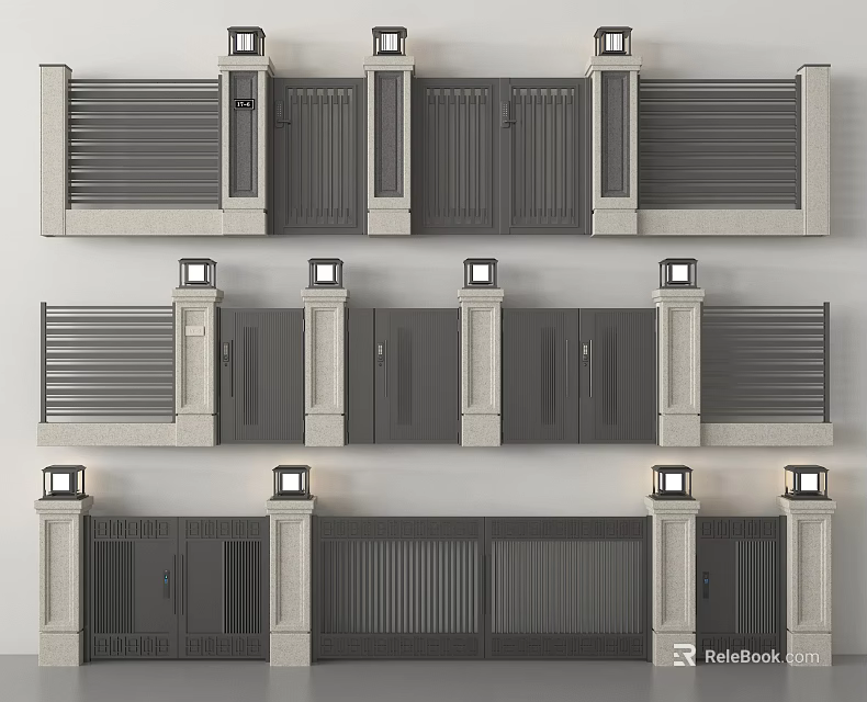Multiple Modern Metal Gate Designs With Striped Panels Columns And Top Lights 3d model