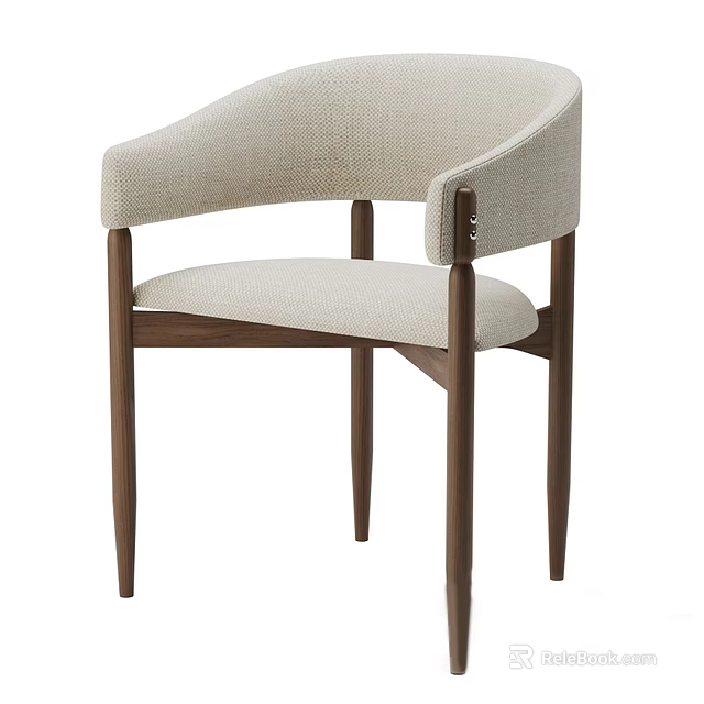 Modern Single Chair With Curved Backrest Beige Fabric Seat And Wooden Legs 3d model 