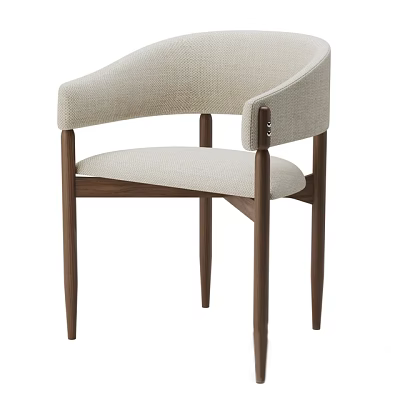 Modern Single Chair With Curved Backrest Beige Fabric Seat And Wooden Legs 3d model