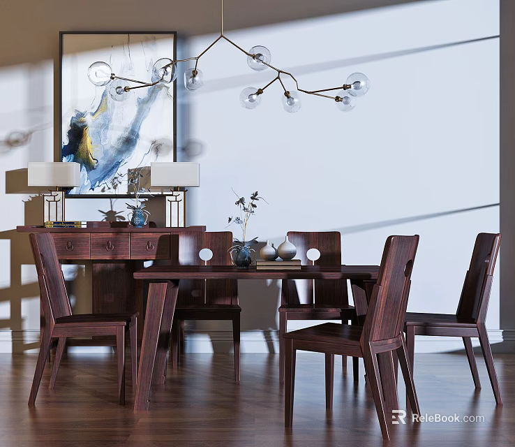 Modern Solid Wood Dining Table Set With Glass Ball Chandelier And Abstract Painting 3d model 