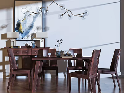 Modern Solid Wood Dining Table Set With Glass Ball Chandelier And Abstract Painting 3d model