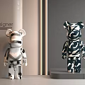 Designer Decorative Bear Figures With White Mechanical And Black Abstract Patterns On Stand 3d model