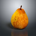 Fresh Ripe Speckled Pear Yellow and Orange with Stem on Gray Background with Reflection