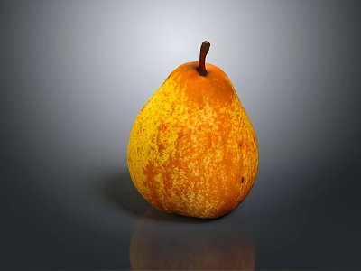 Fresh Ripe Speckled Pear Yellow and Orange with Stem on Gray Background with Reflection 3d model