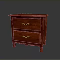Red Wooden Nightstand with Two Drawers and Metal Handles on Scalloped Legs