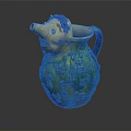 Green Ceramic Pitcher with Decorative Head Mane Relief Carvings Spout and Handle