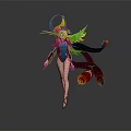 Fantasy Female Character with Phoenix Themed Wings and Flowing Red Orange Scarves in Green Outfit